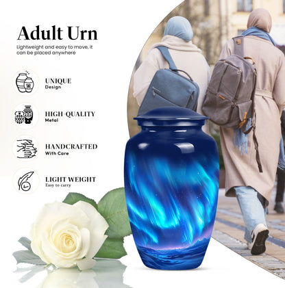 Northern Lights Urn with butterfly theme for memorial burial