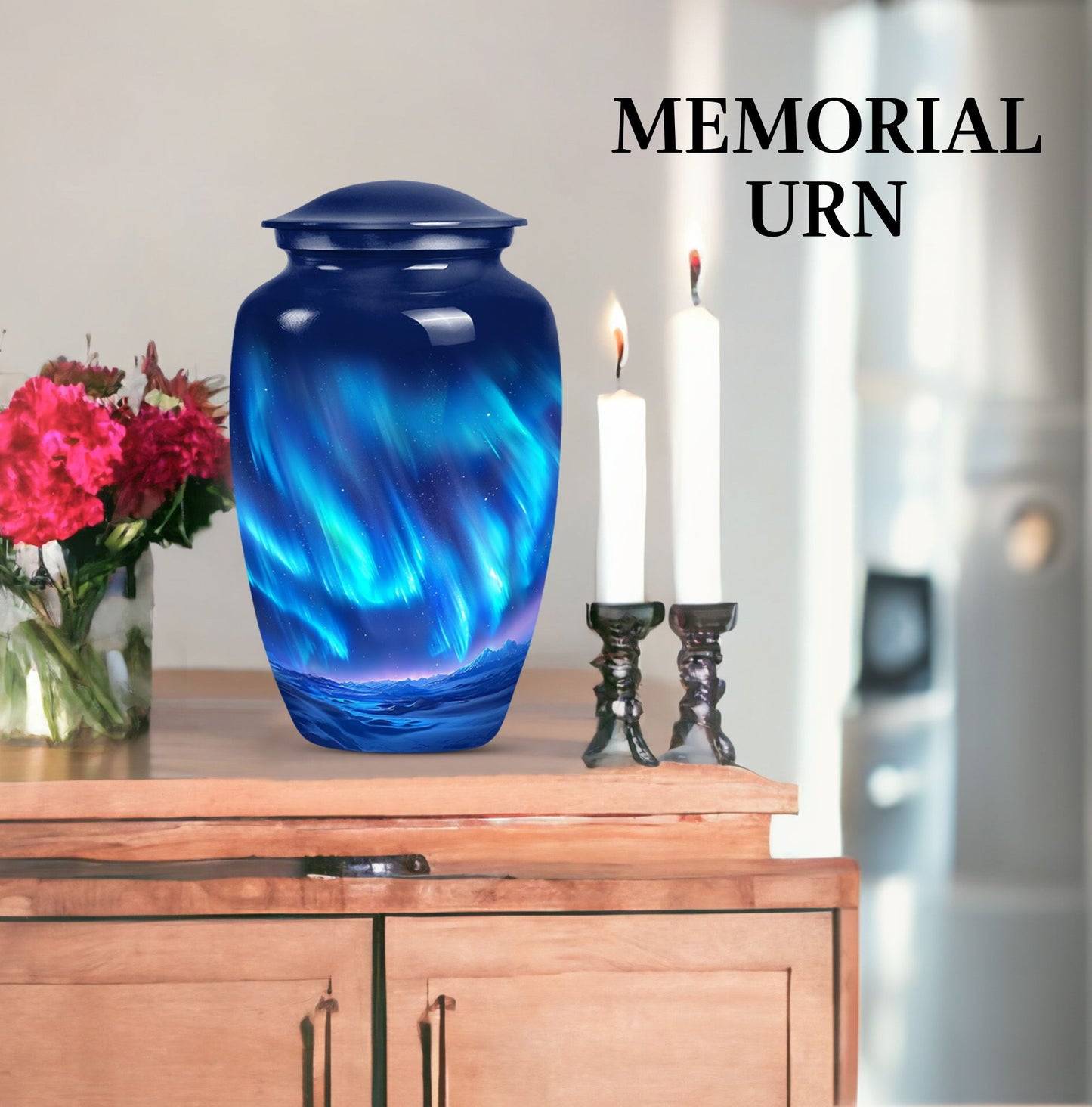 Northern Lights Urn with butterfly theme for memorial burial