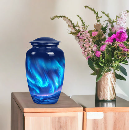 Northern Lights Urn with butterfly theme for memorial burial