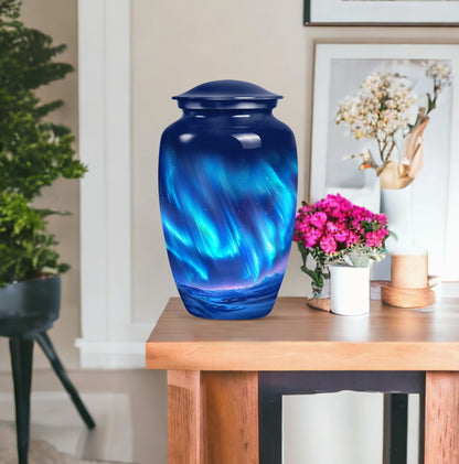 Northern Lights Urn with butterfly theme for memorial burial