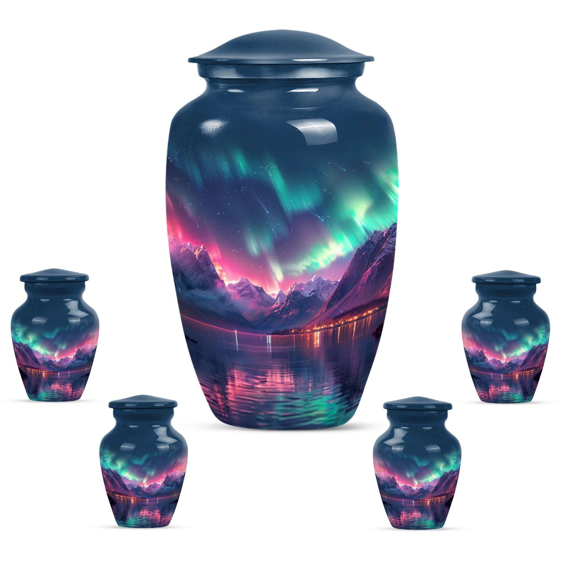 Aurora Borealis Theme Large Urn With 4 Keepsake Urn