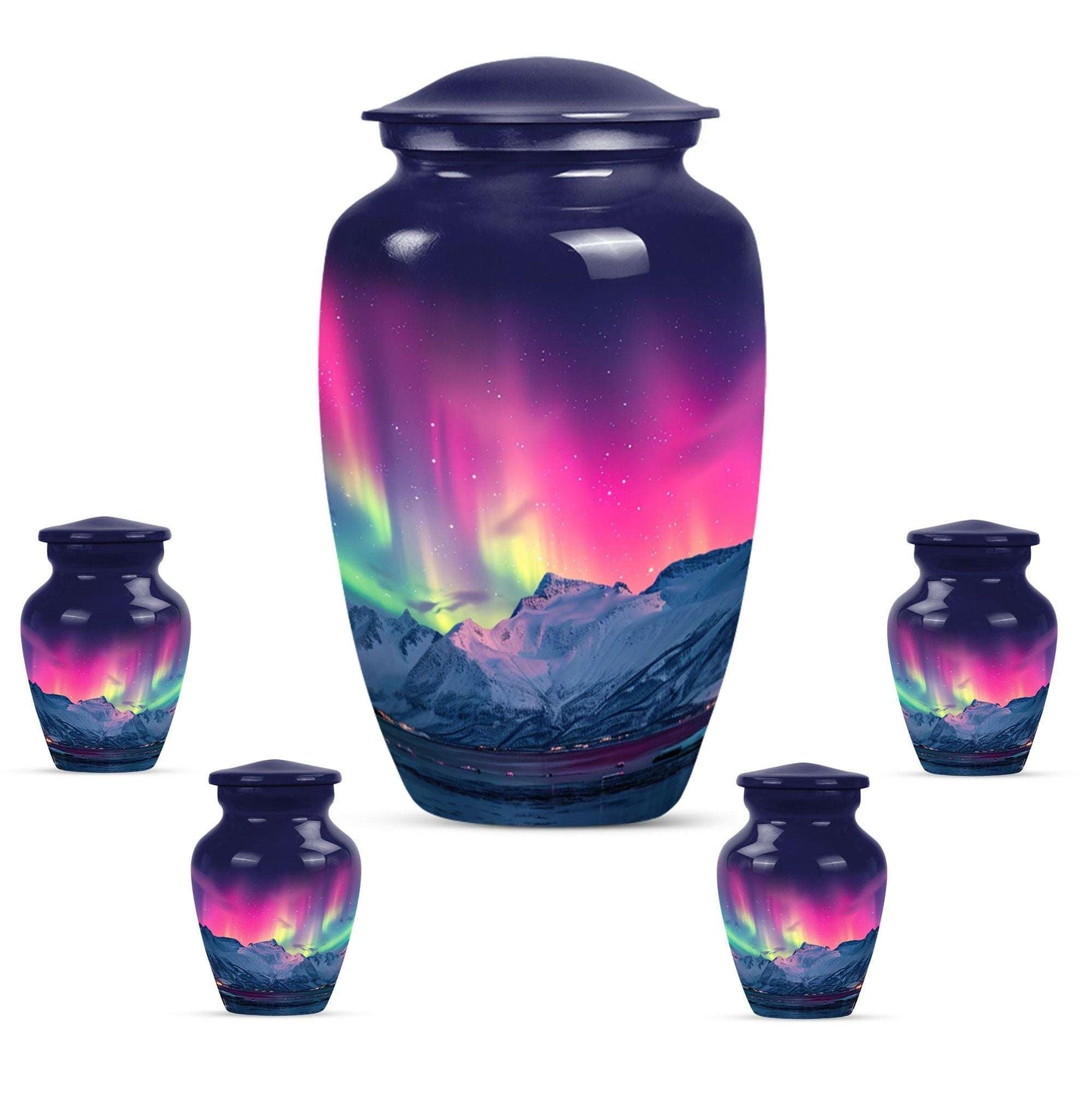 Aurora Borealis Theme Large Urn With 4 Keepsake Urn