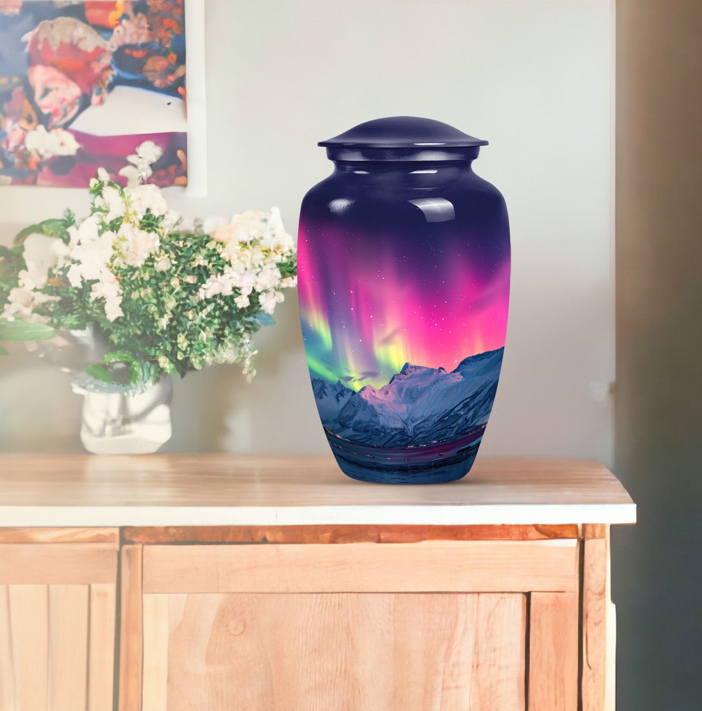 10-inch classic Northern Lights themed cremation urn.