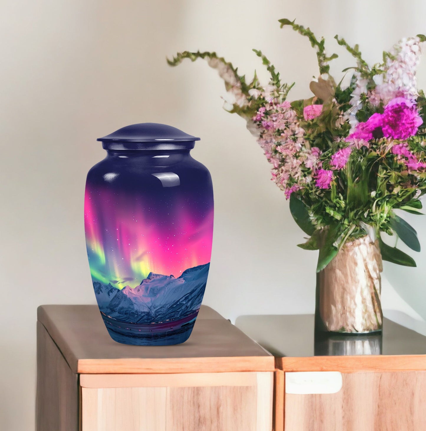10-inch classic Northern Lights themed cremation urn.