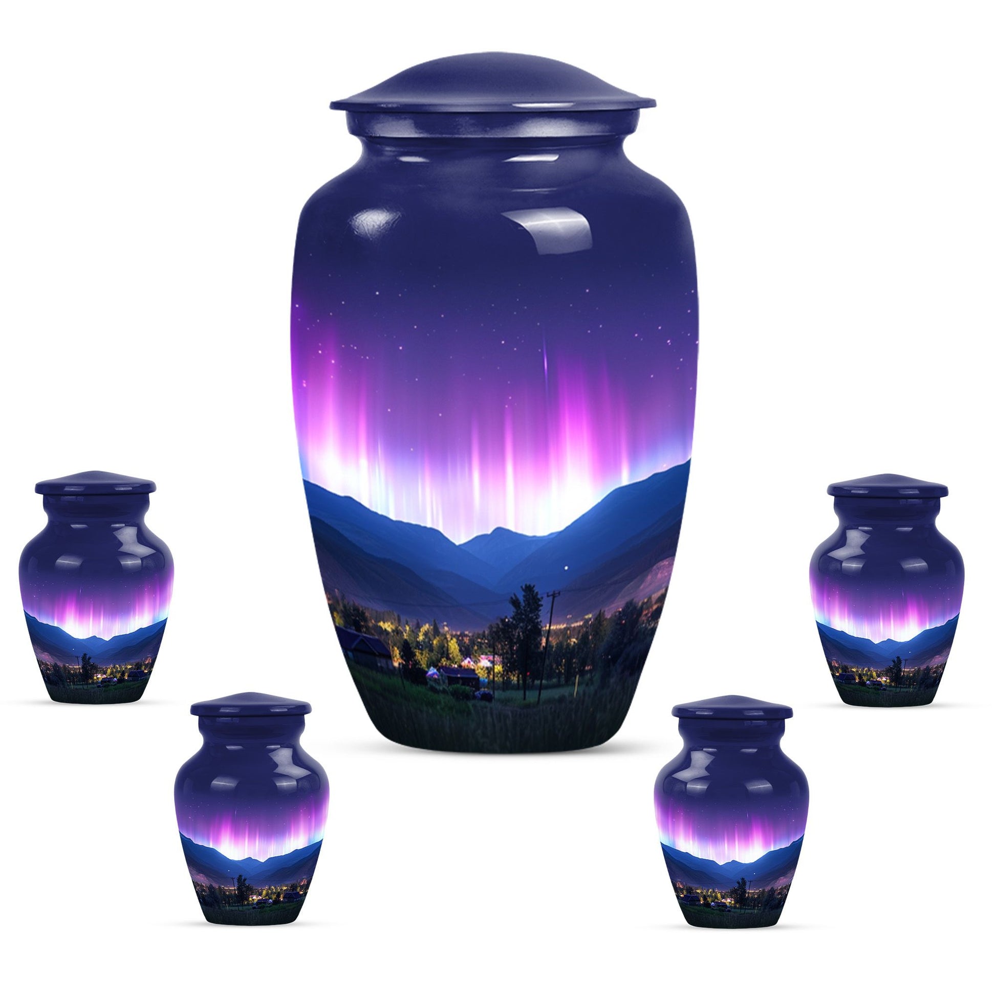 Aurora Borealis Theme Large Urn With 4 Keepsake Urn