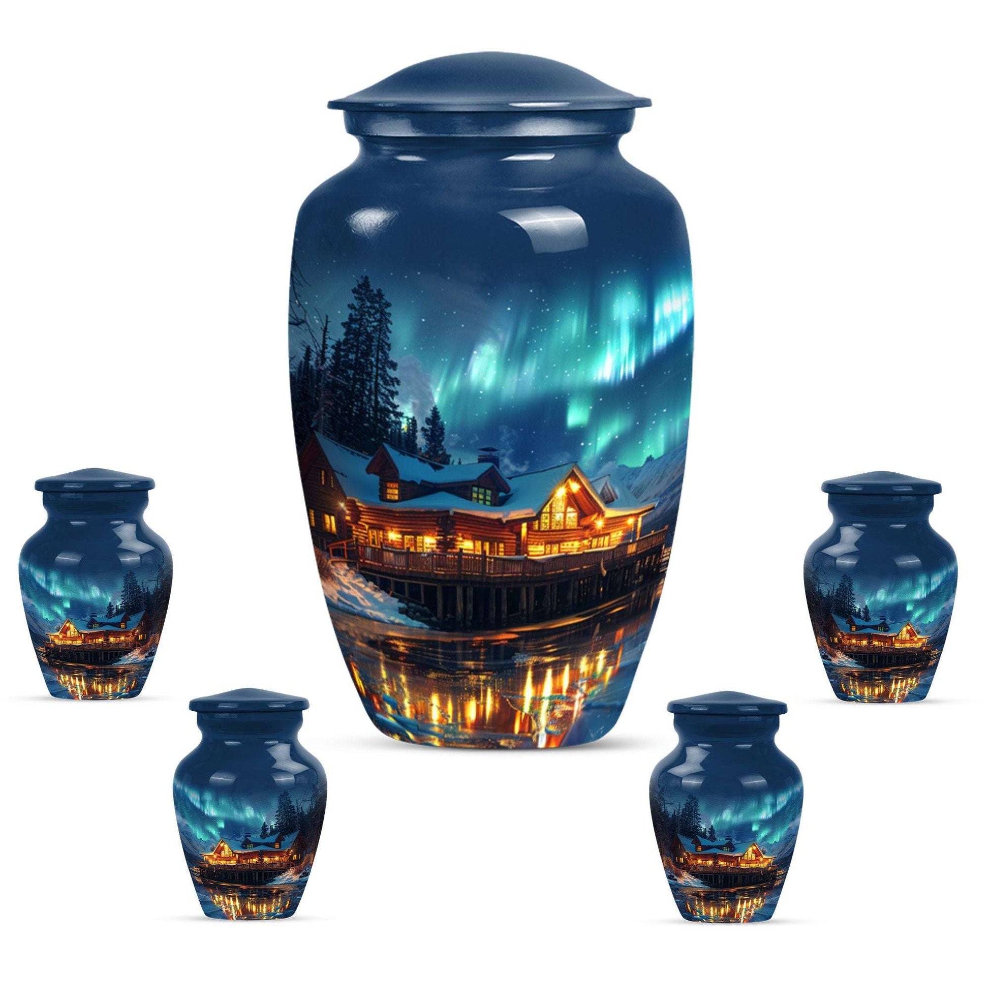 Aurora Borealis Borealis Theme Large Urn With 4 Keepsake Urn