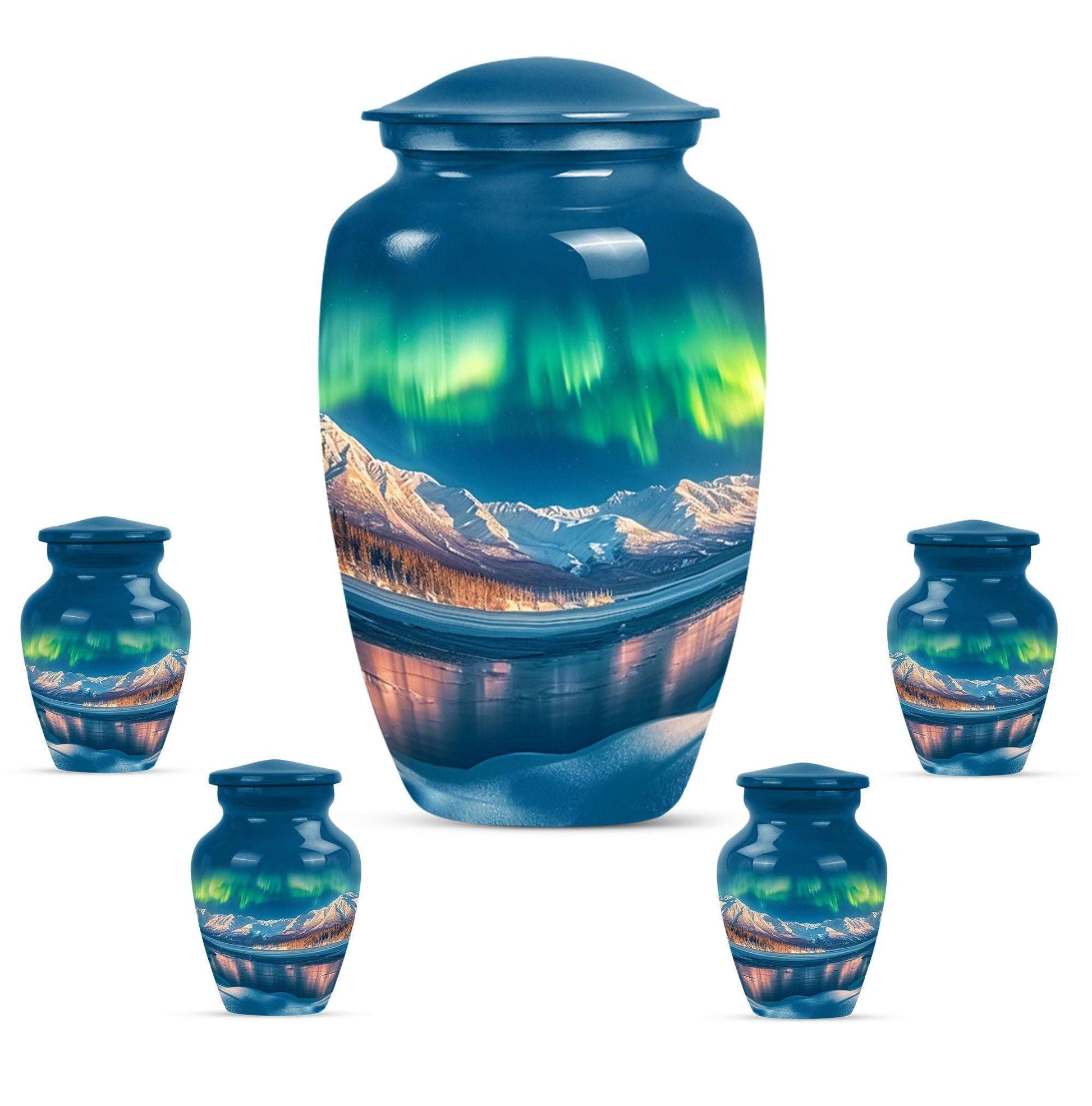 Aurora Borealis Theme Large Urn With 4 Keepsake Urn