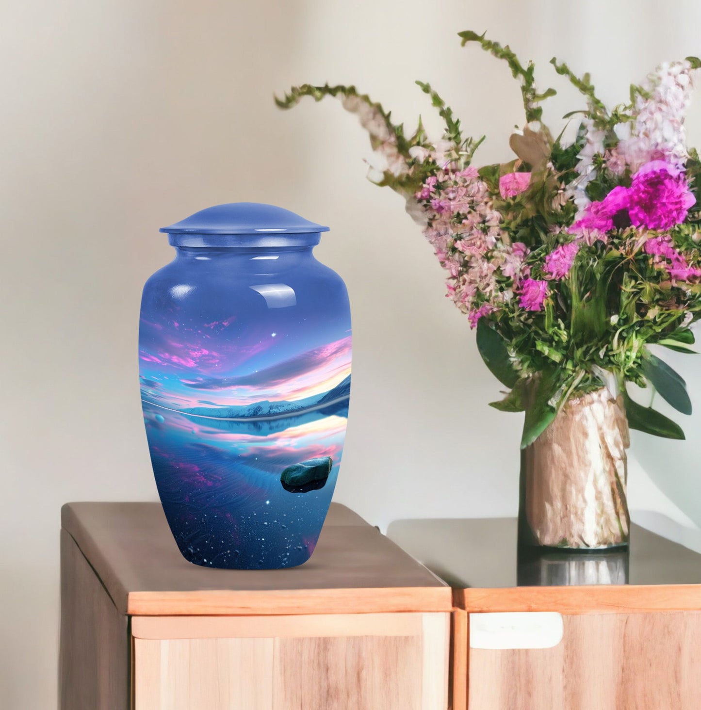 10-inch Arora Borealis Aluminum Cremation Urn.