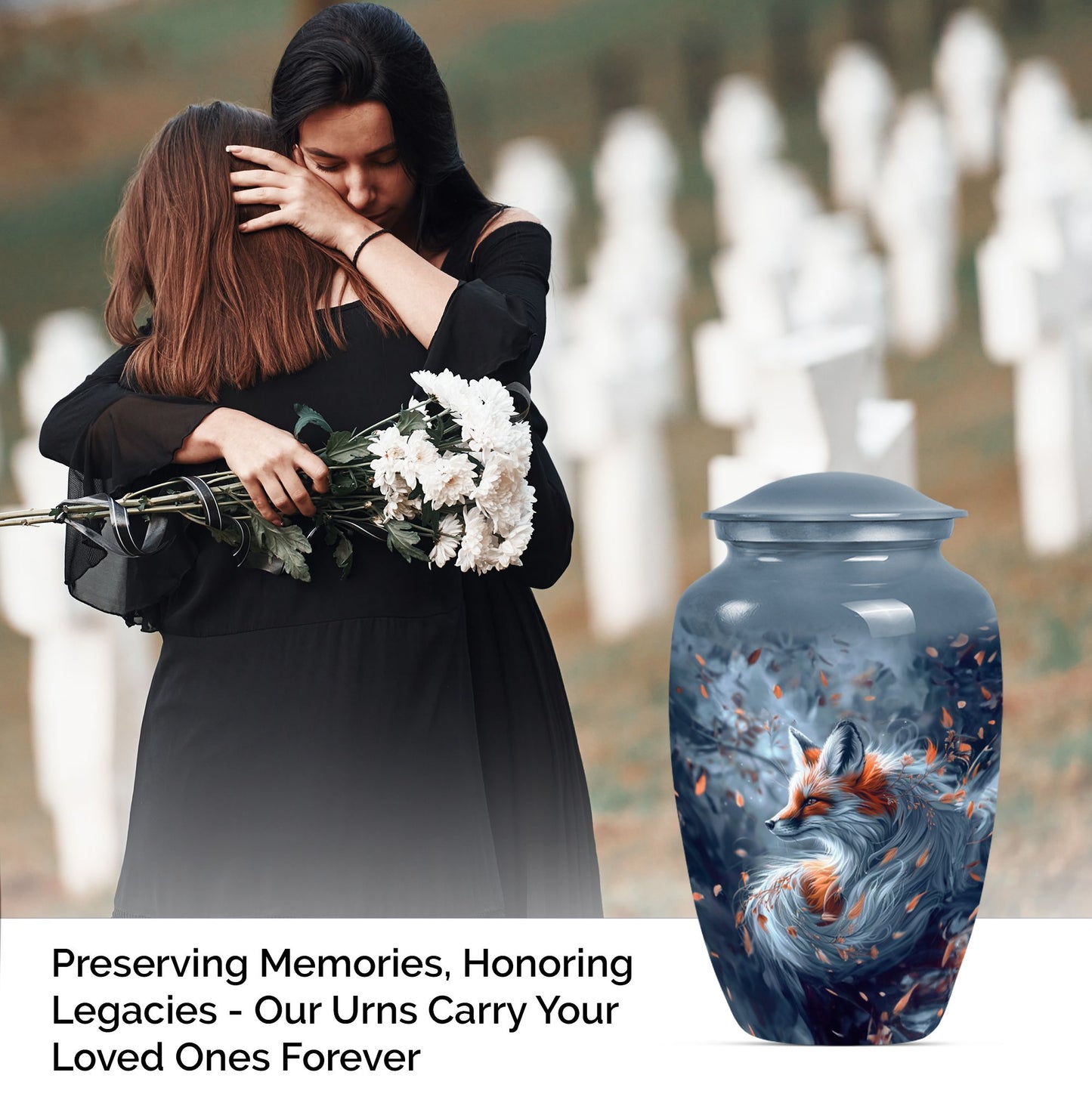 Classic 10-inch fox urn with butterfly theme.