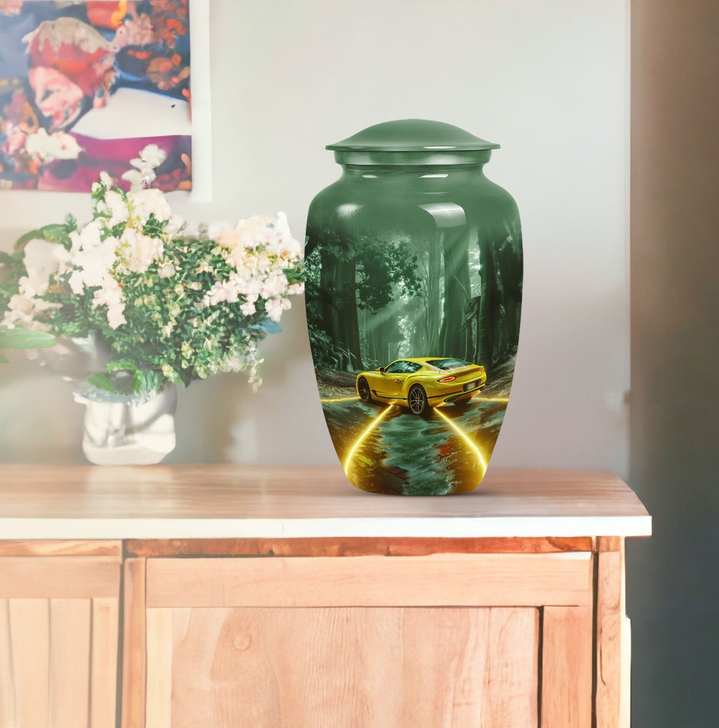 Classic butterfly themed car urn in aluminium.