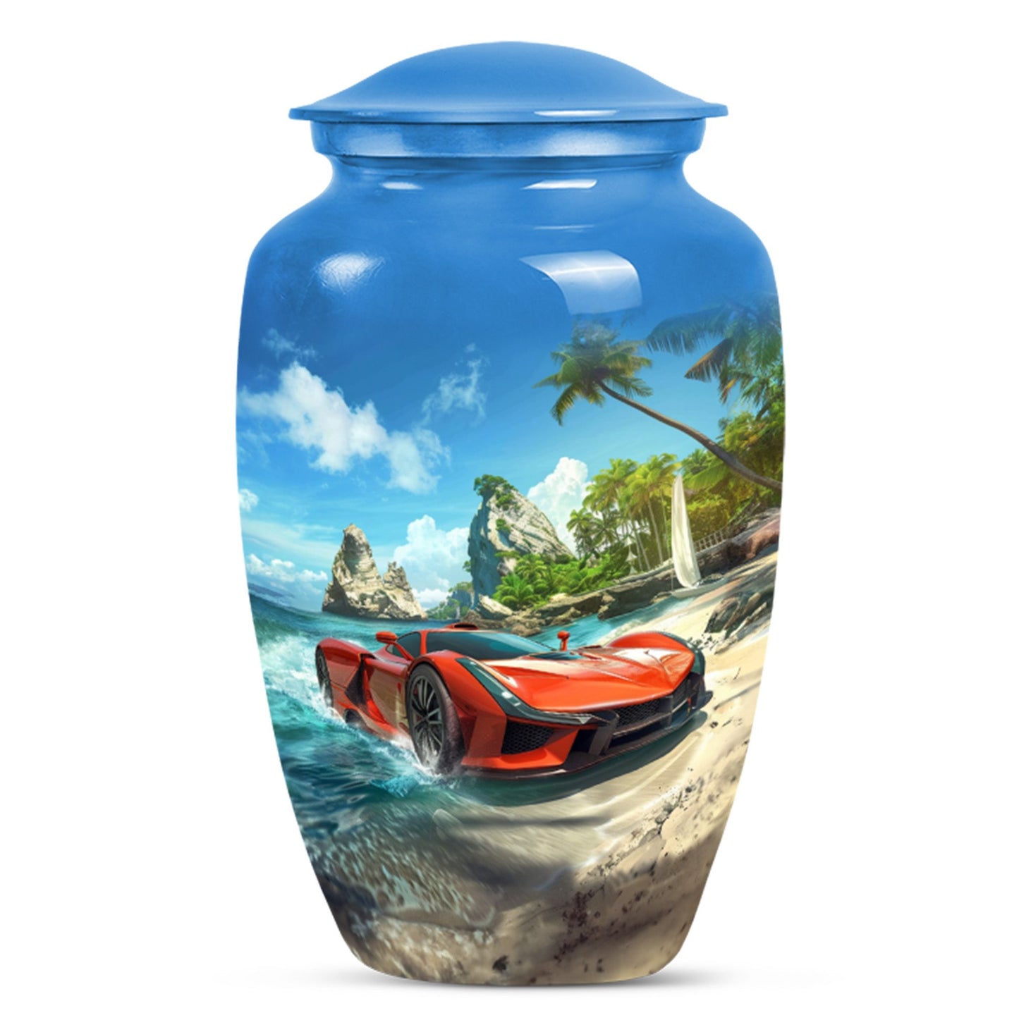 10-inch classic car urn with butterfly theme.