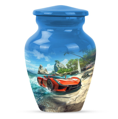 10-inch classic car urn with butterfly theme.