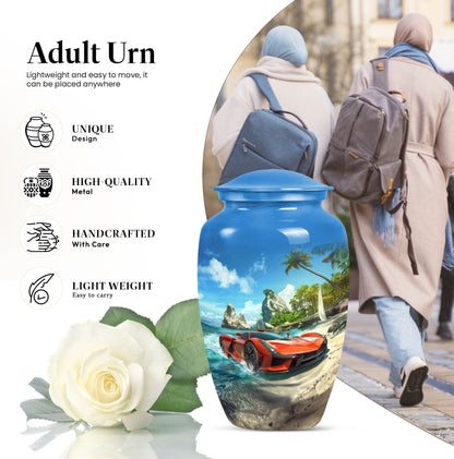 10-inch classic car urn with butterfly theme.