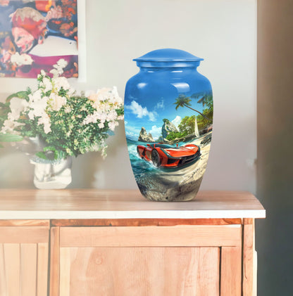 10-inch classic car urn with butterfly theme.
