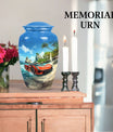 10-inch classic car urn with butterfly theme.