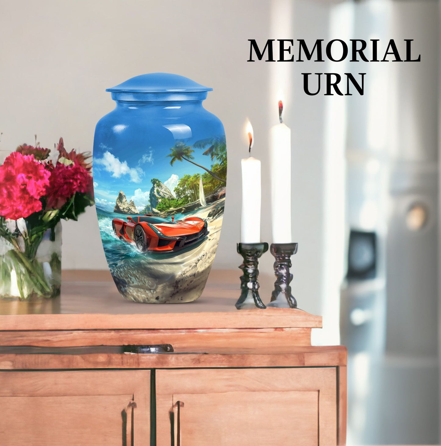 10-inch classic car urn with butterfly theme.