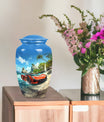 10-inch classic car urn with butterfly theme.