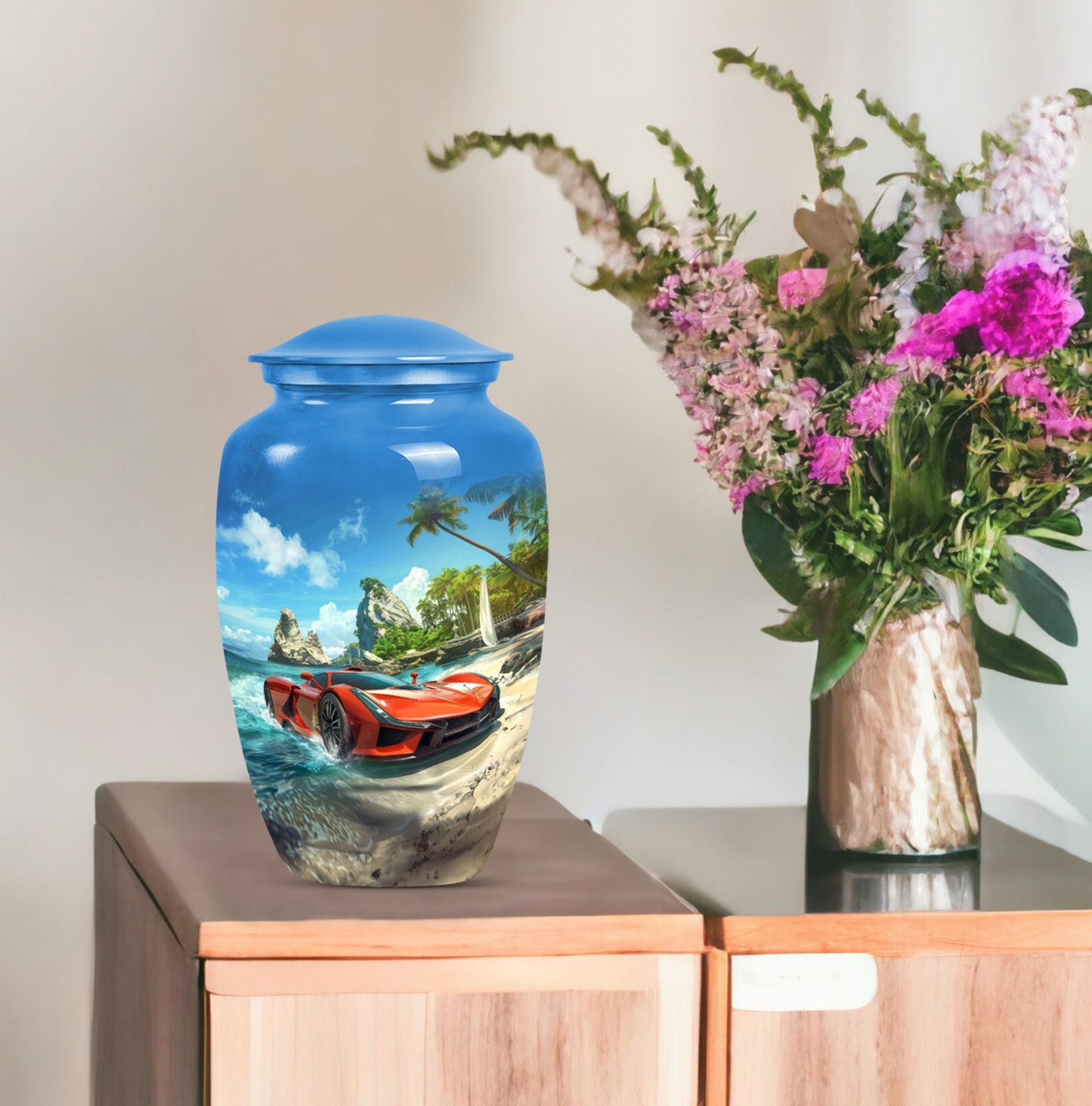 10-inch classic car urn with butterfly theme.