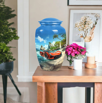 10-inch classic car urn with butterfly theme.