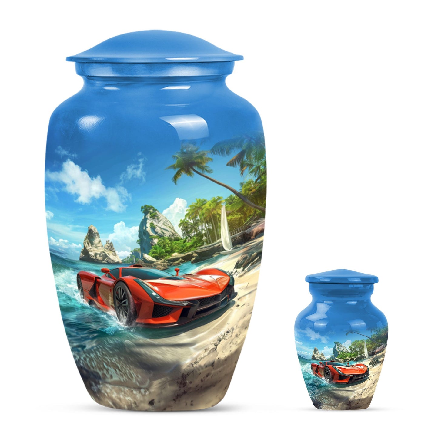 10-inch classic car urn with butterfly theme.