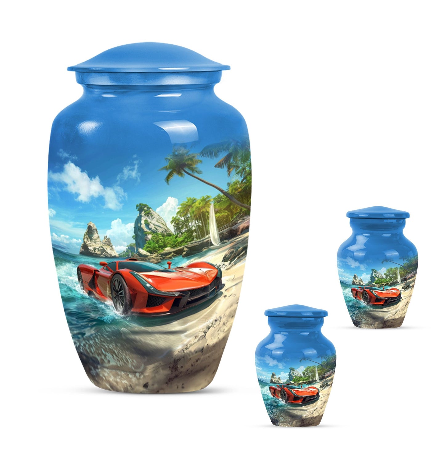10-inch classic car urn with butterfly theme.