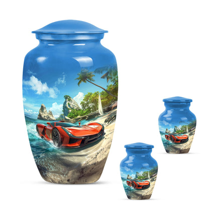 10-inch classic car urn with butterfly theme.