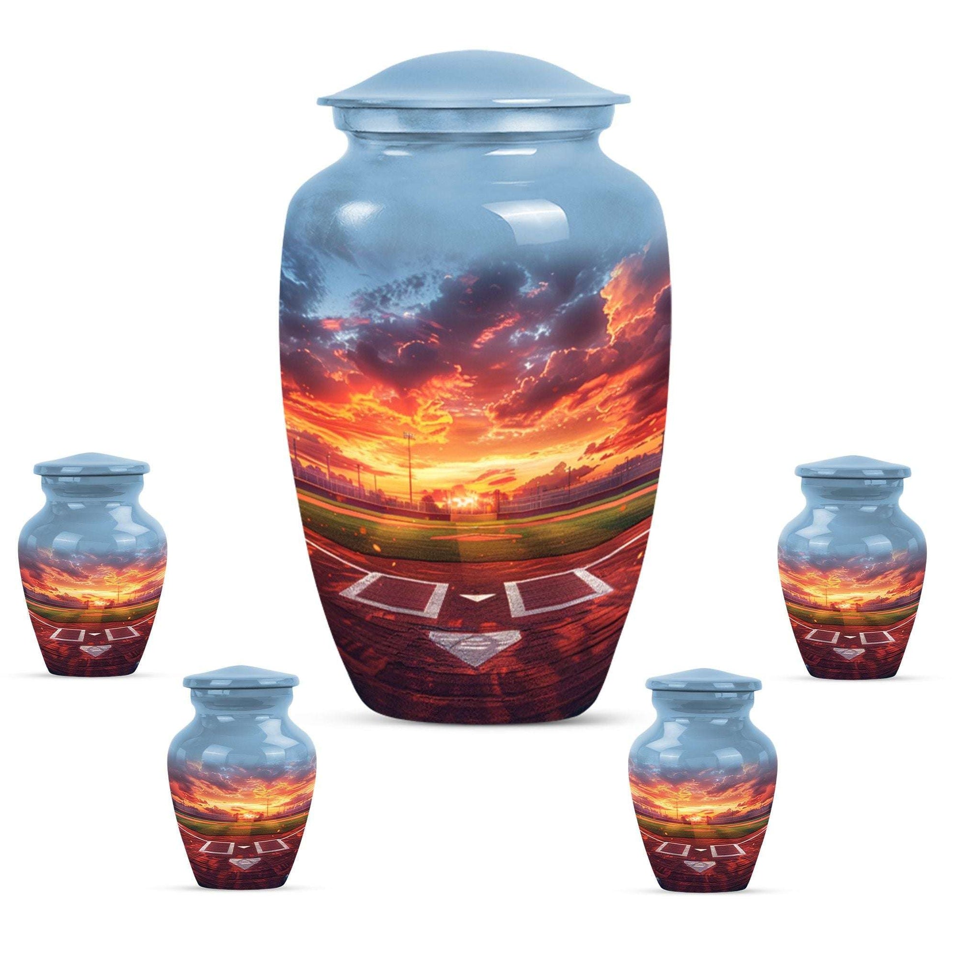 Baseball Theme Large Urn With 4 Keepsake Urn