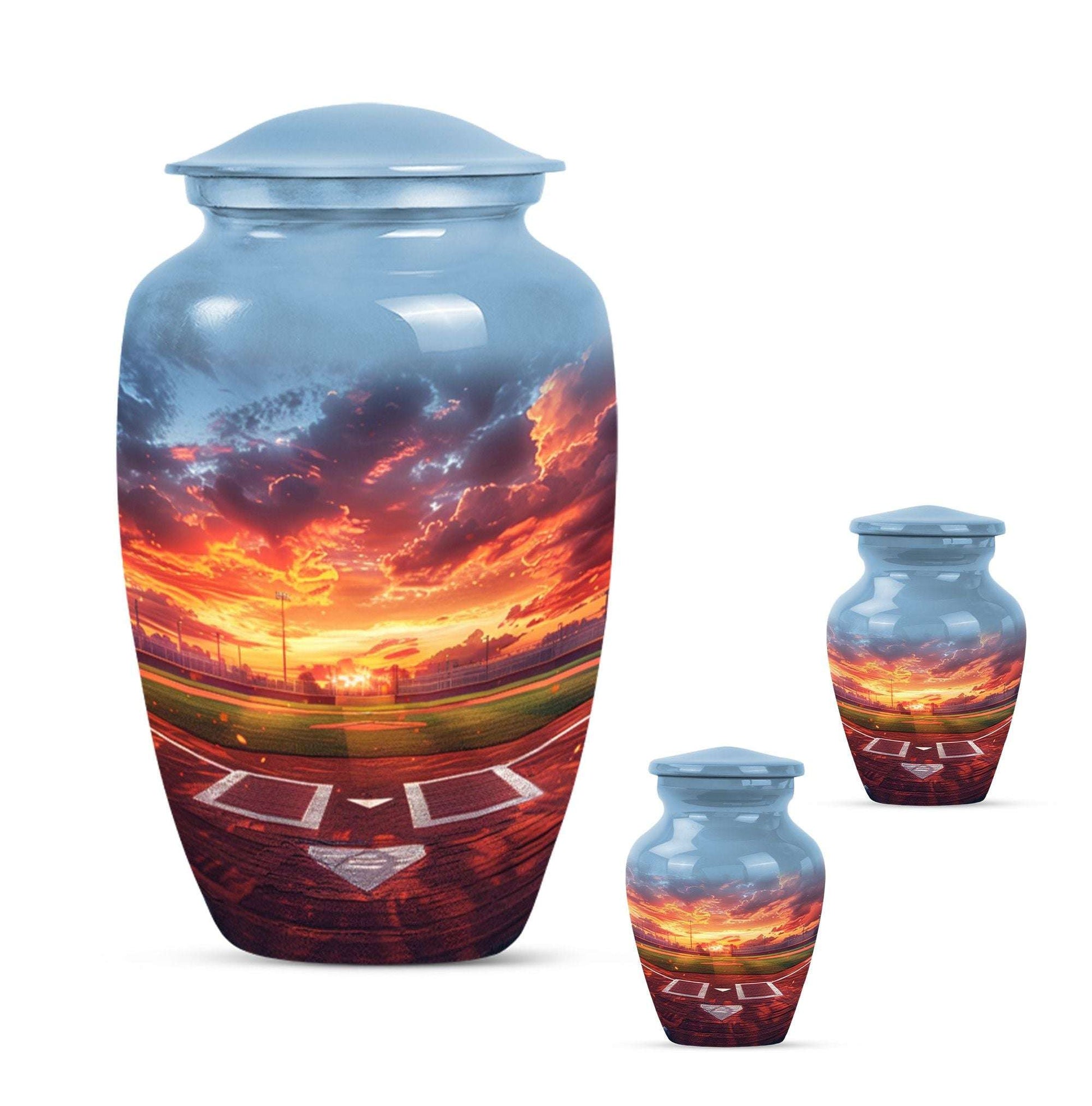Baseball Theme Large Urn With 2 Keepsake Urn