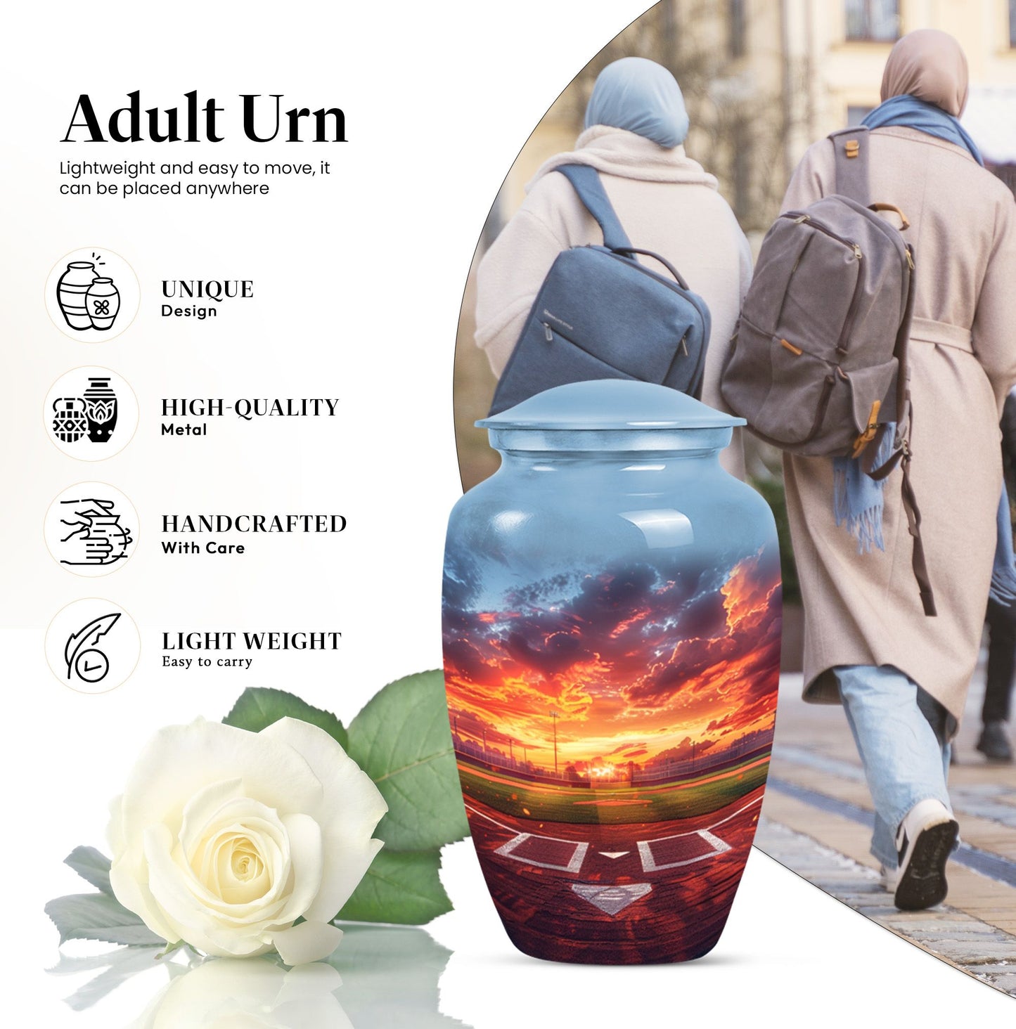 Classic 10-inch baseball urn with butterfly theme.