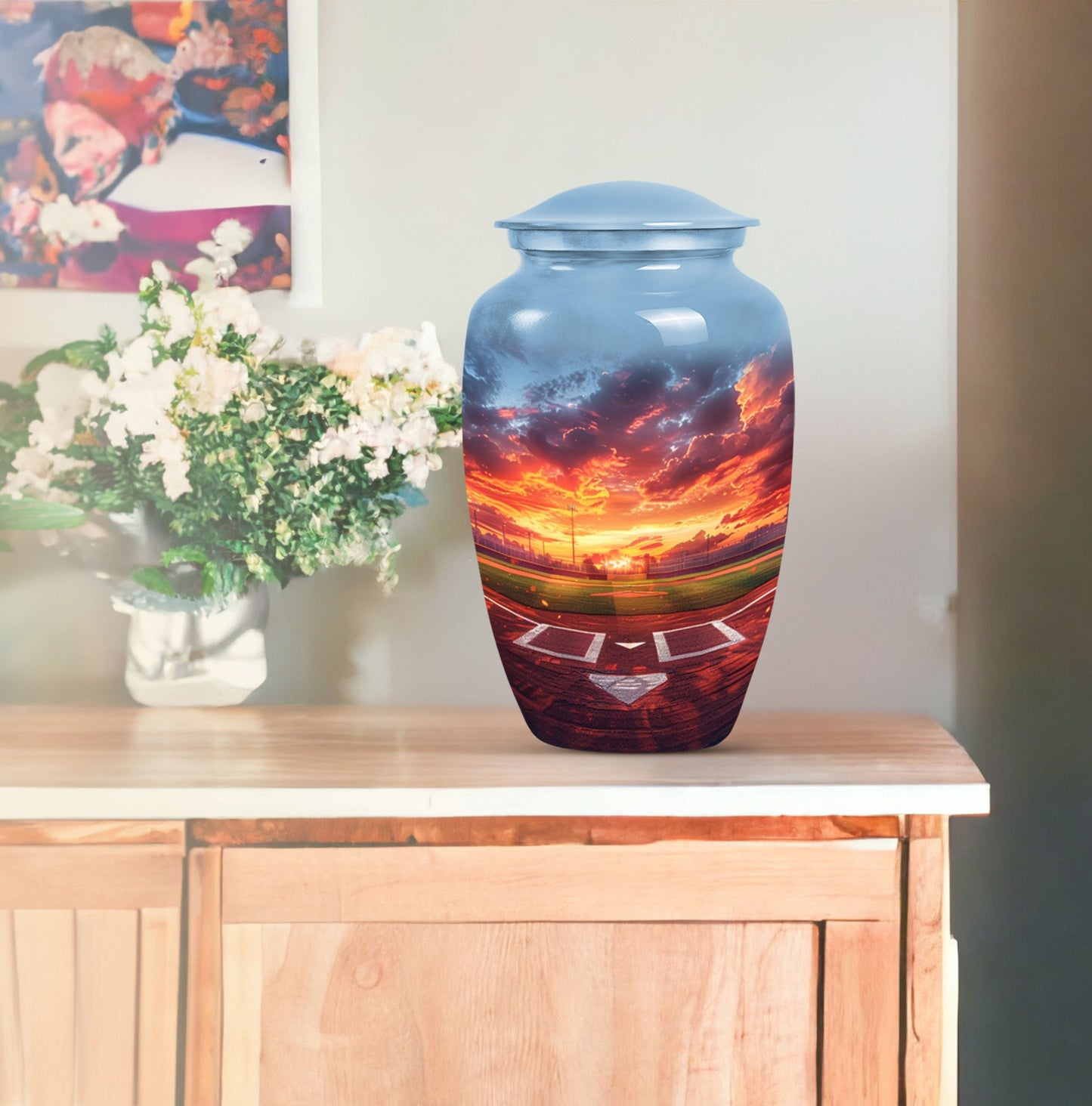 Classic 10-inch baseball urn with butterfly theme.