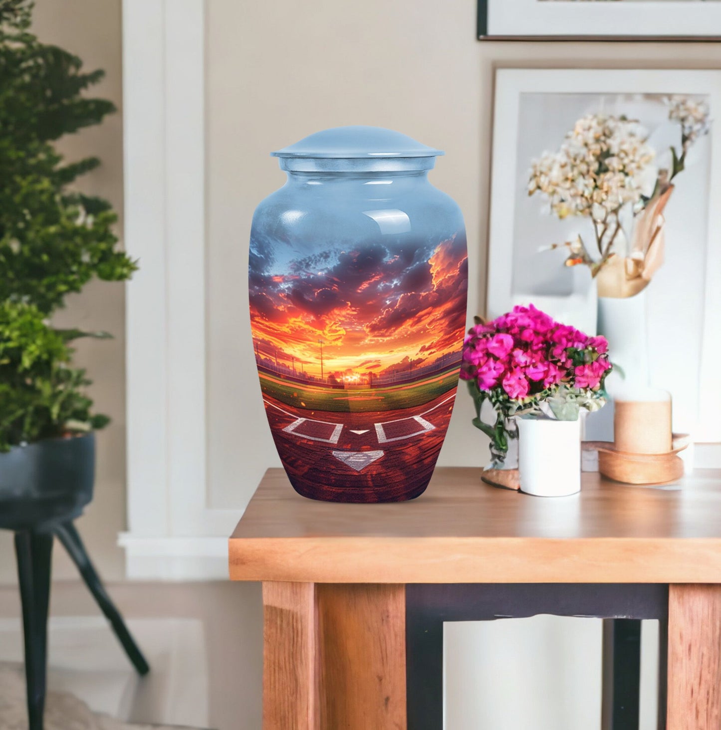 Classic 10-inch baseball urn with butterfly theme.