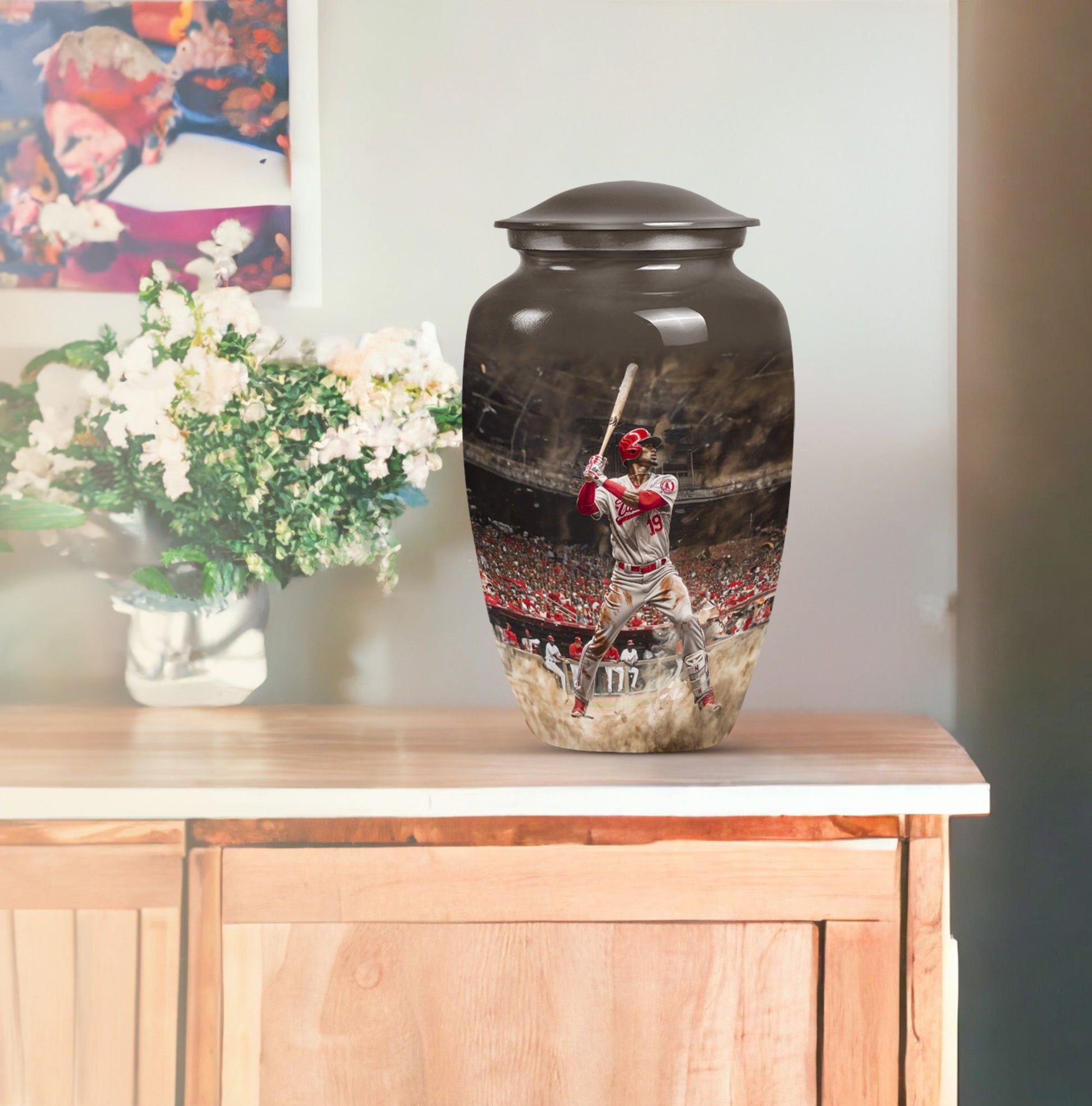 10-inch classic baseball urn in aluminium with butterfly.