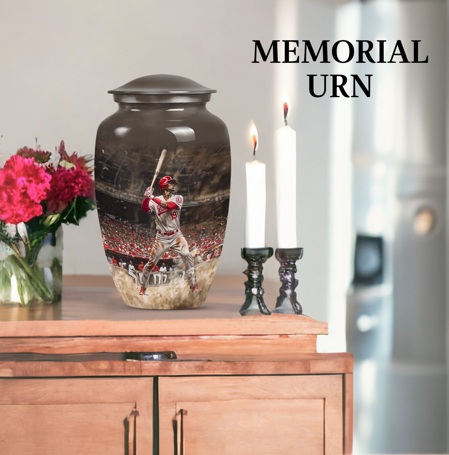 10-inch classic baseball urn in aluminium with butterfly.
