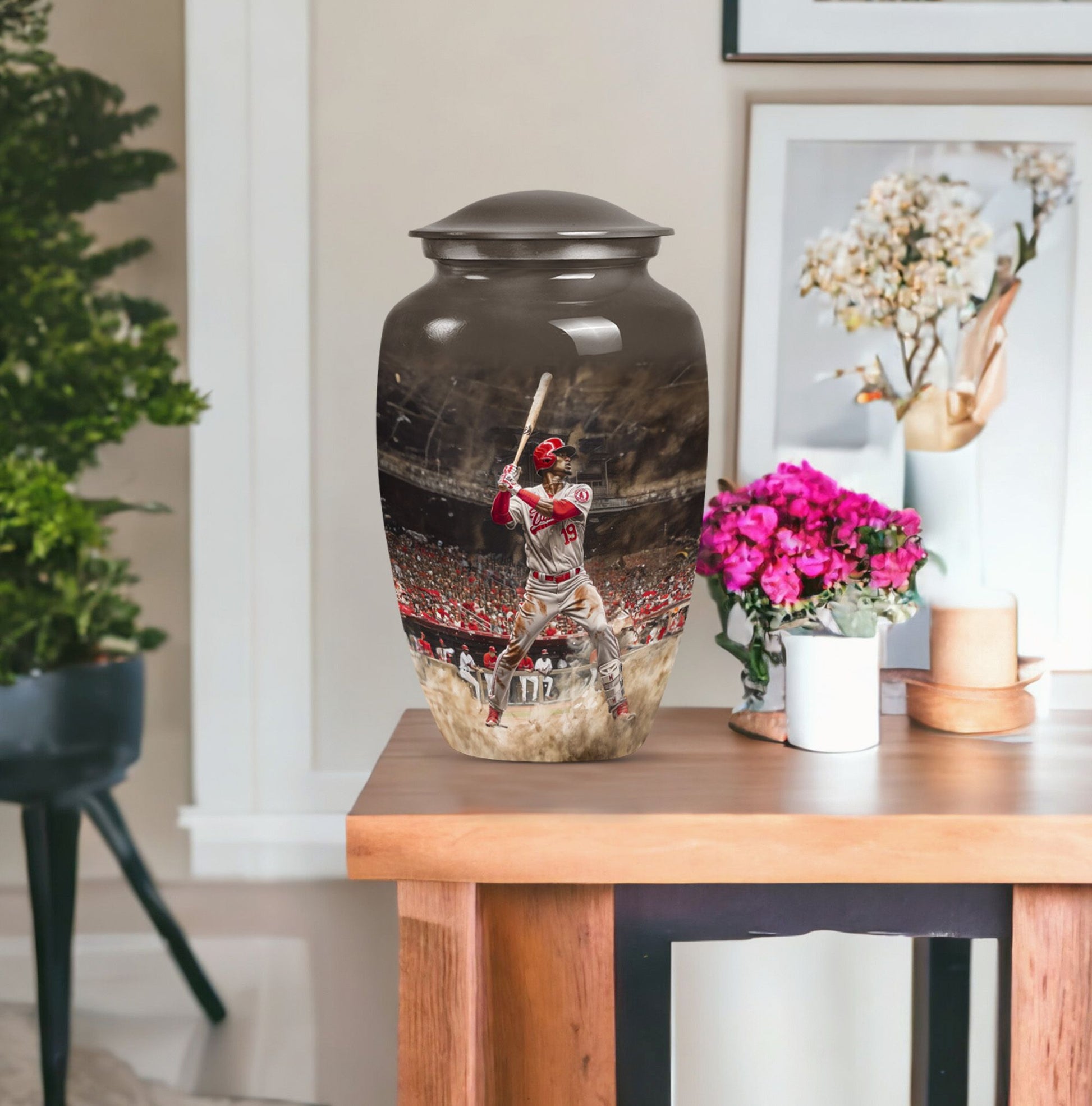 10-inch classic baseball urn in aluminium with butterfly.