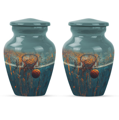10-inch classic aluminium basketball urn, butterfly-themed.