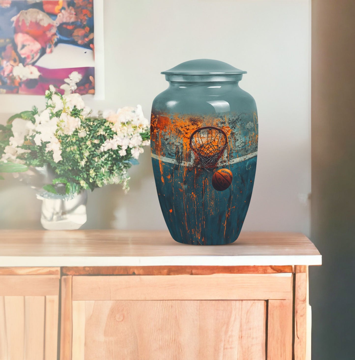 10-inch classic aluminium basketball urn, butterfly-themed.