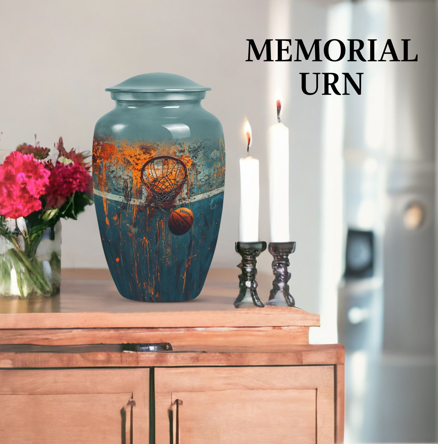 10-inch classic aluminium basketball urn, butterfly-themed.