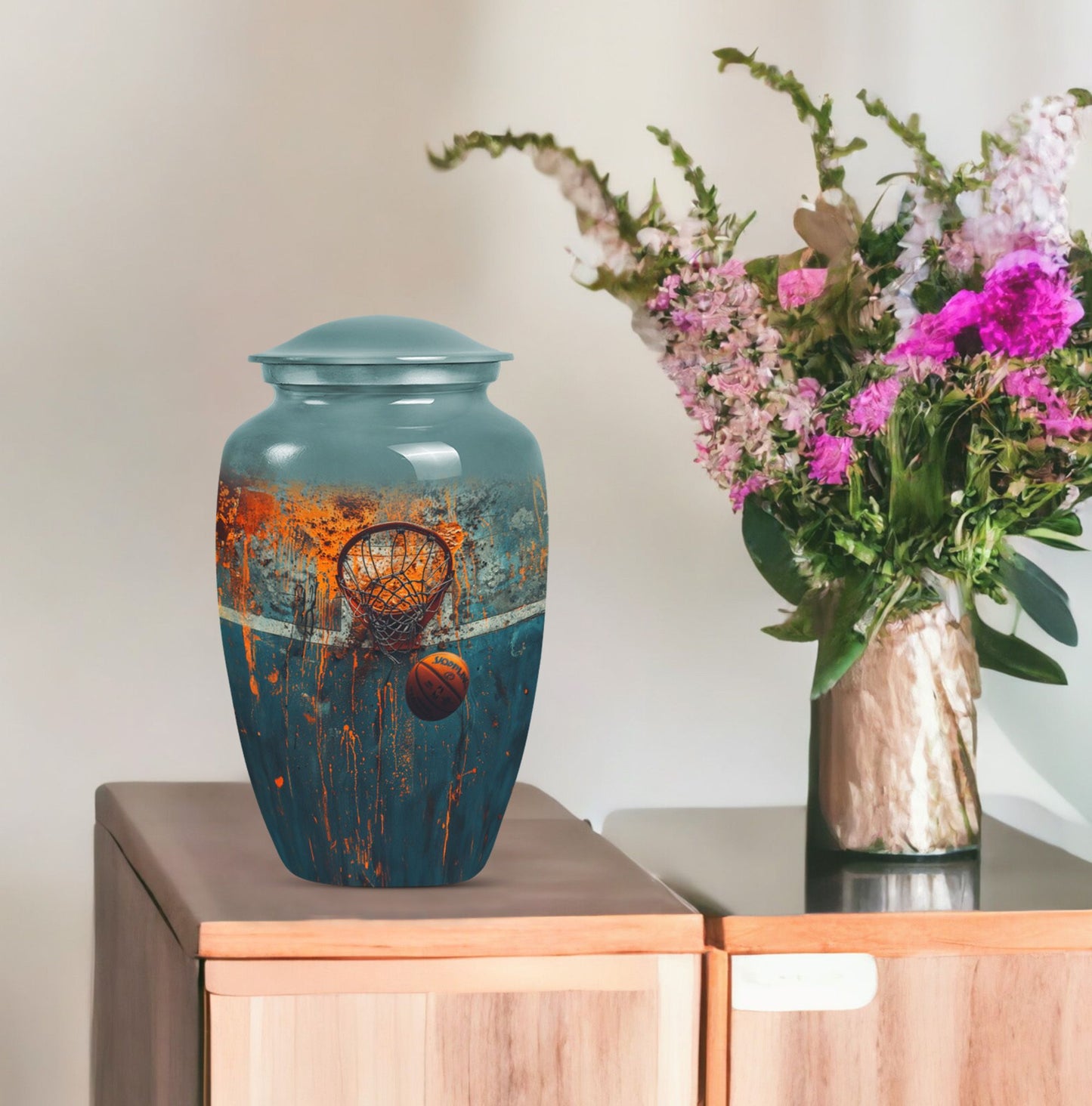 10-inch classic aluminium basketball urn, butterfly-themed.