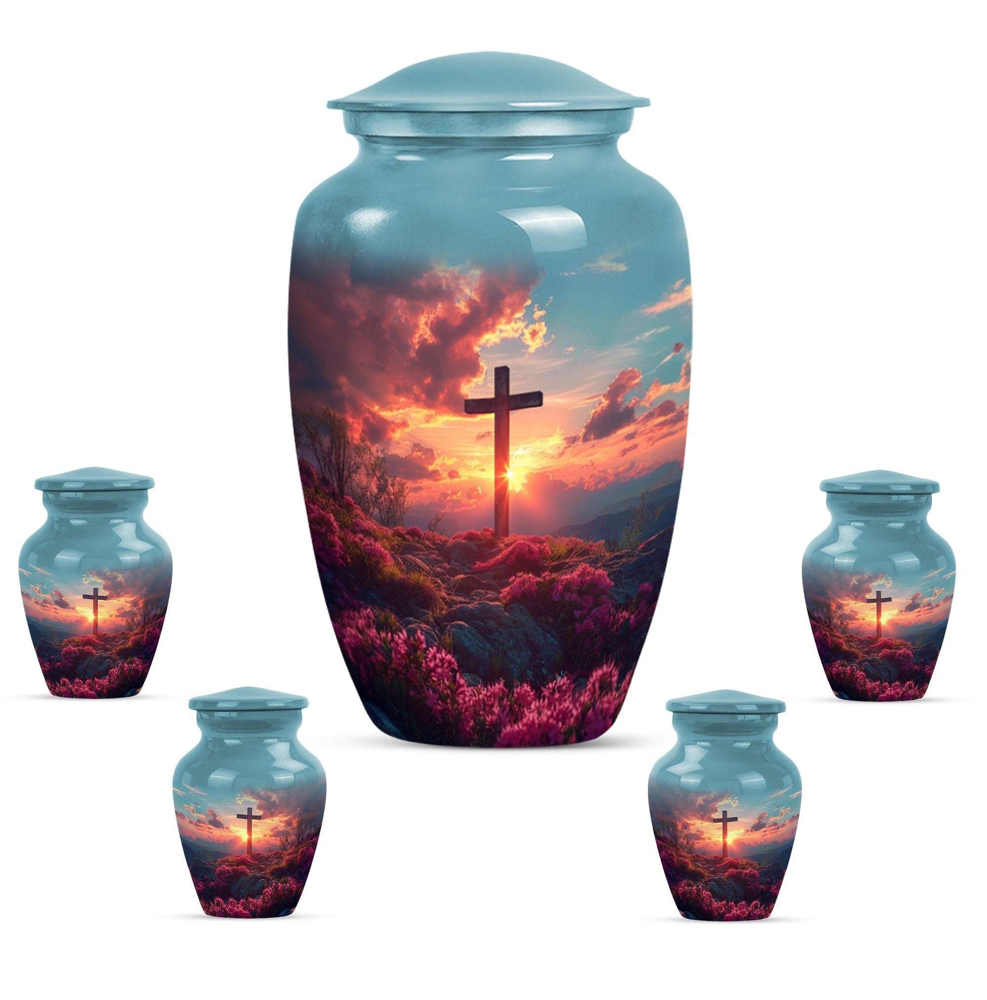 Cross Theme Large Urn With 4 Keepsake Urn