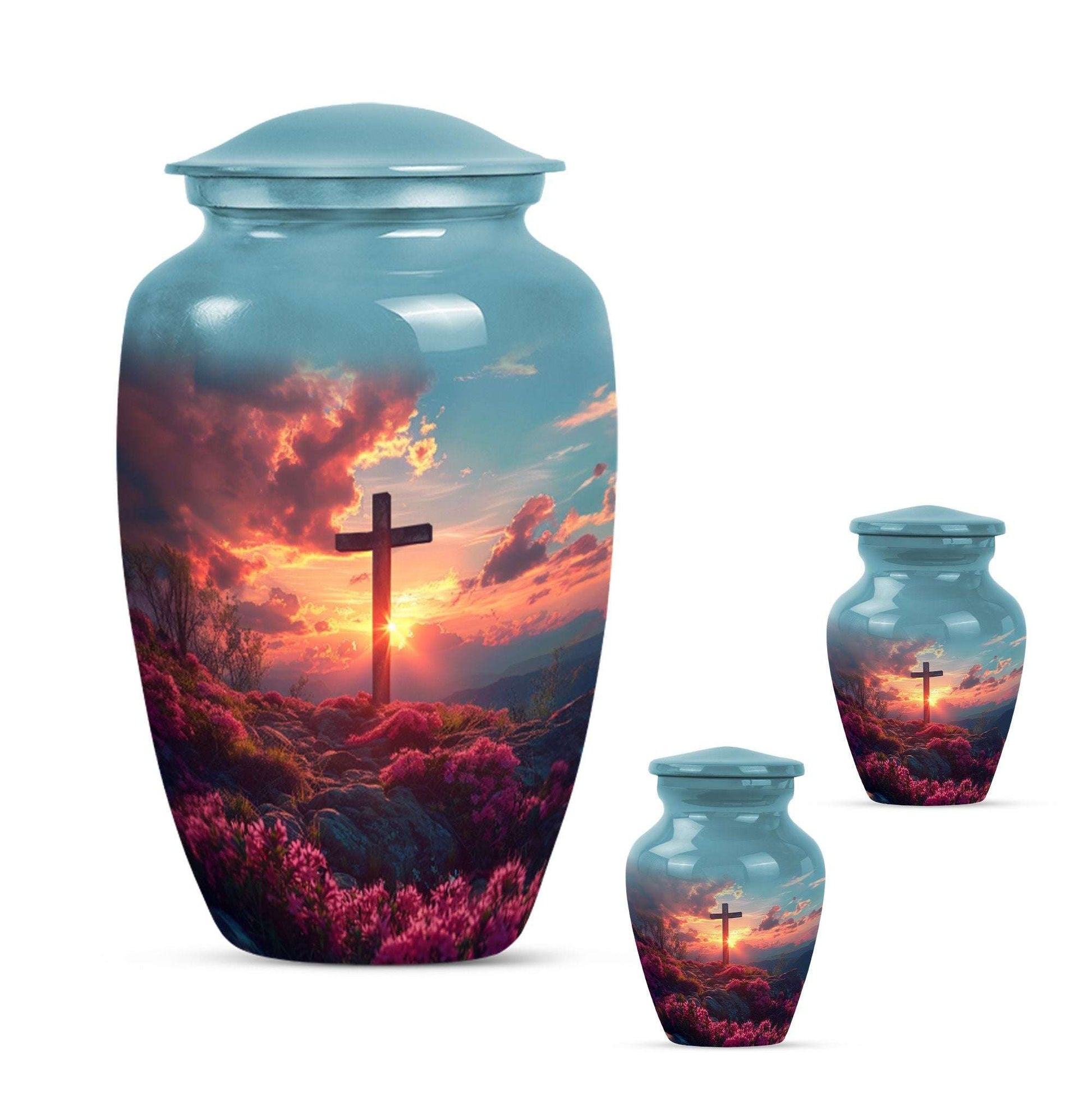 Cross Theme Large Urn With 2 Keepsake Urn
