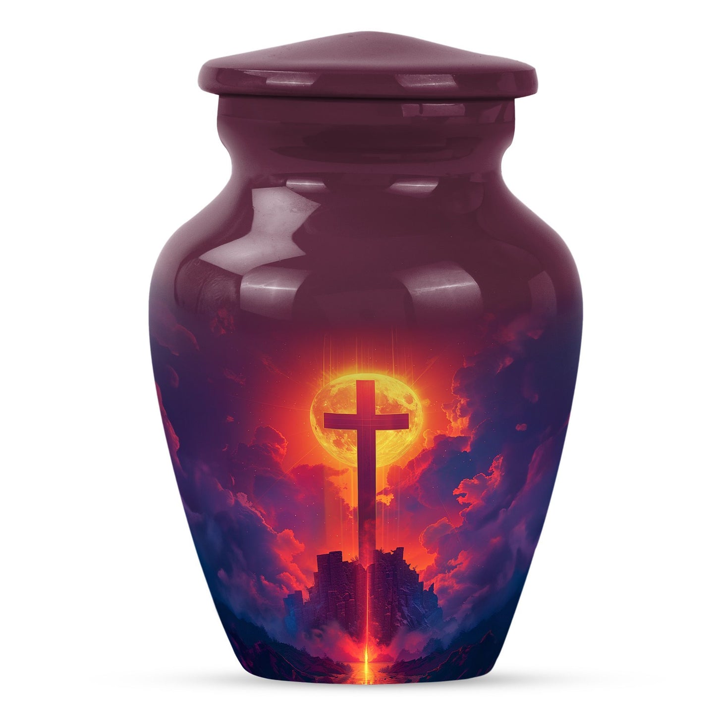 10-inch Classic Cross Urn, Aurora Borealis themed urn.