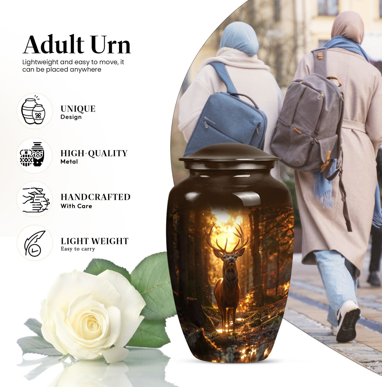  deer urn, memorial large urn for women, gramophone-themed