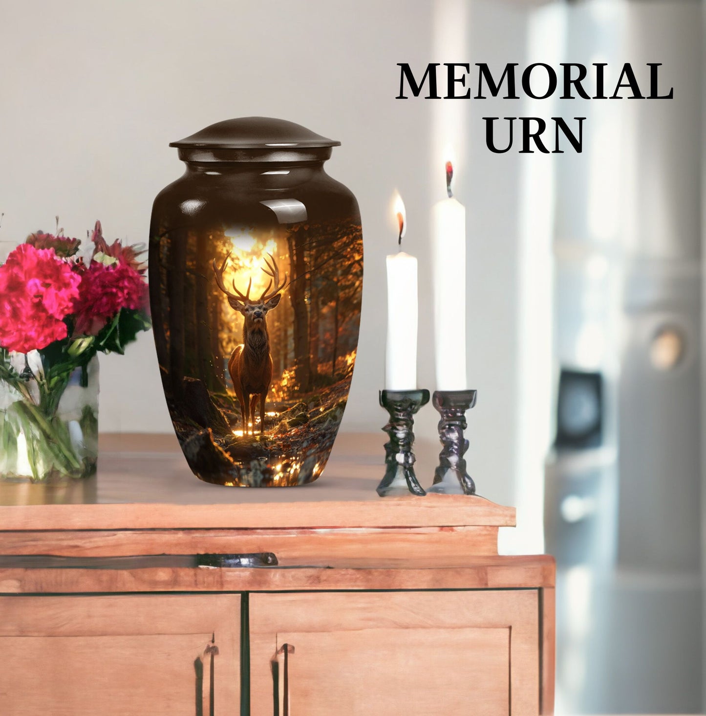  deer urn, memorial large urn for women, gramophone-themed