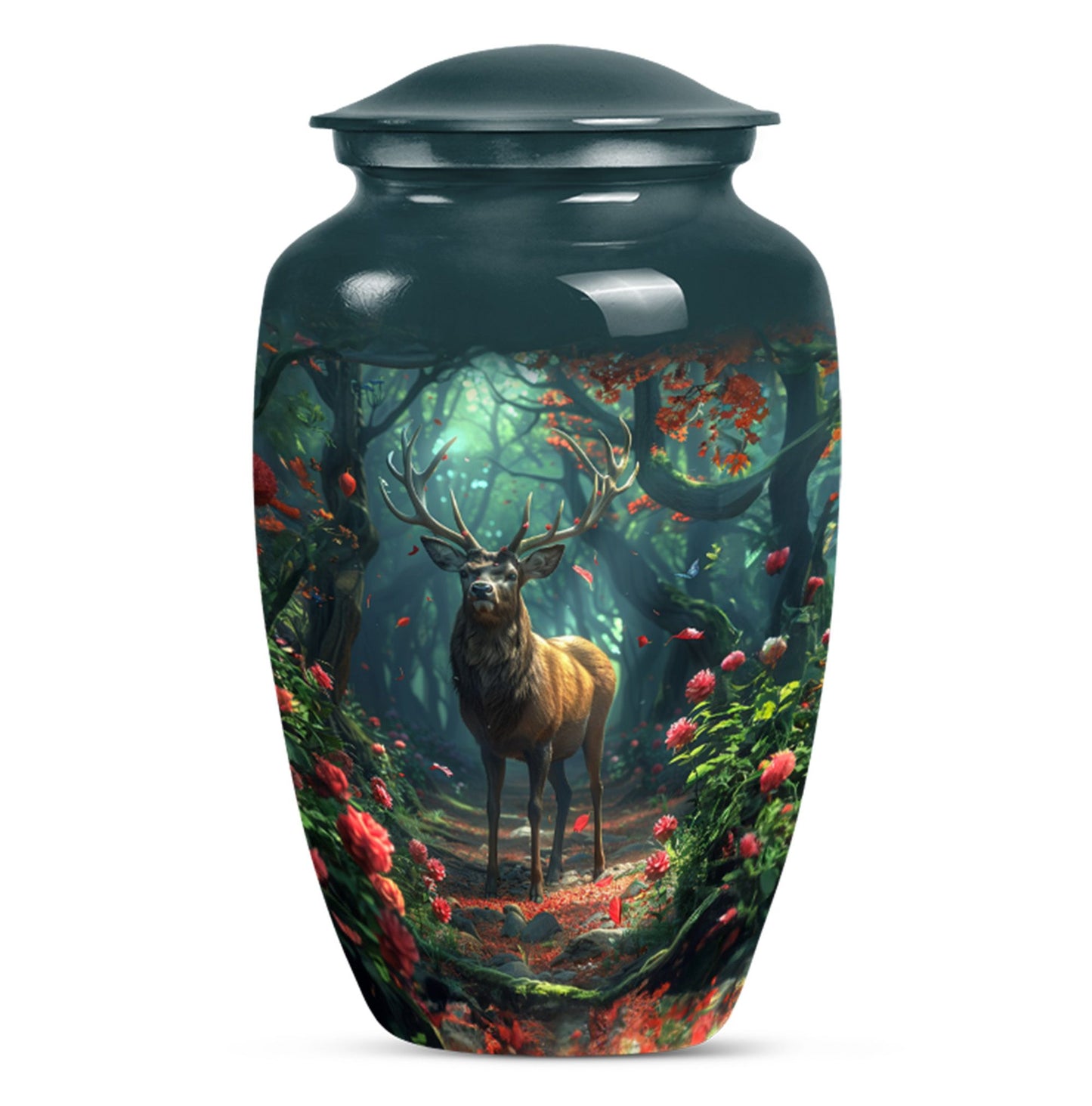 Classic 10-inch deer cremation urn with Gramophone theme, personal engraving option