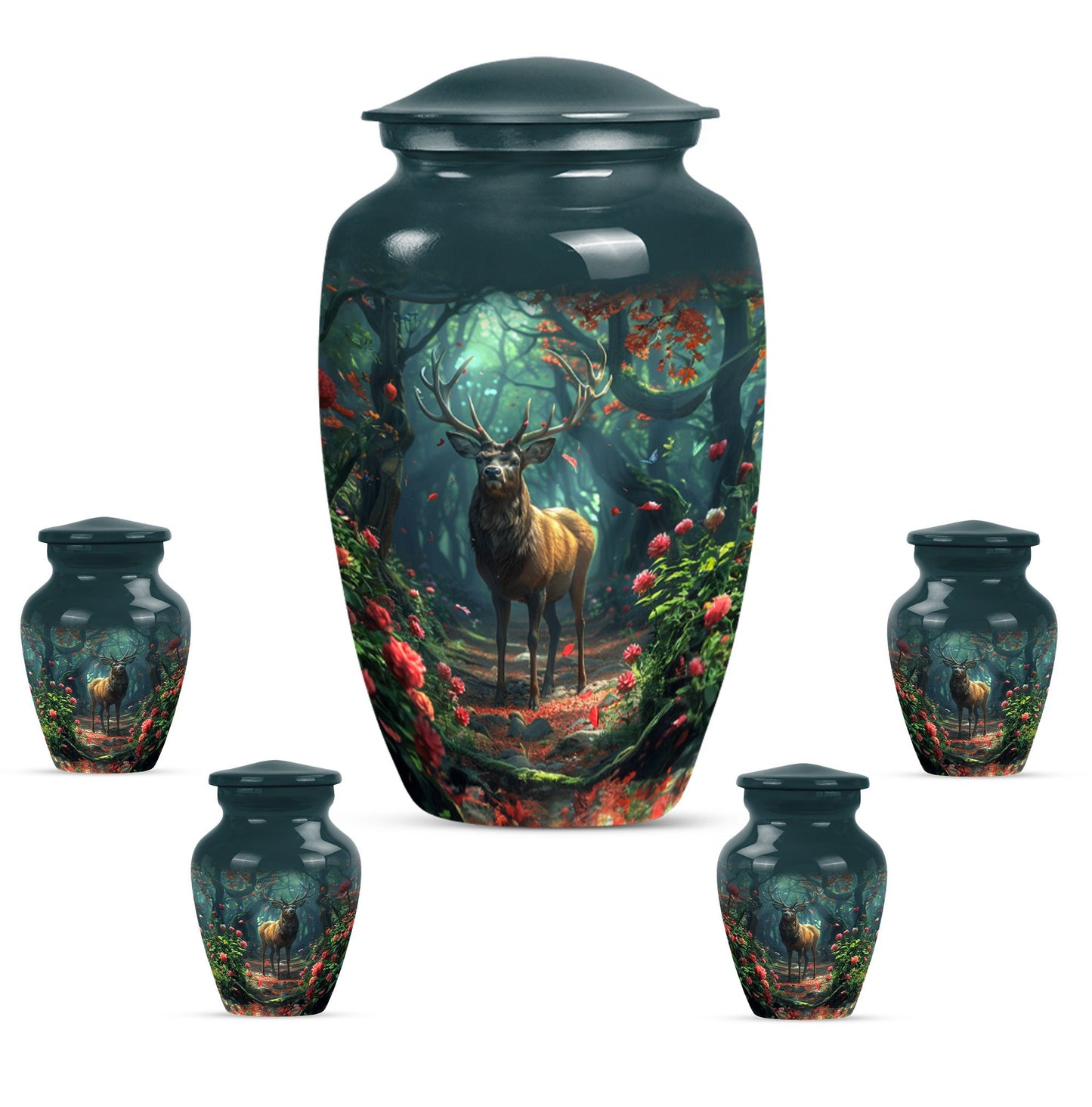 Classic 10-inch deer cremation urn with Gramophone theme, personal engraving option