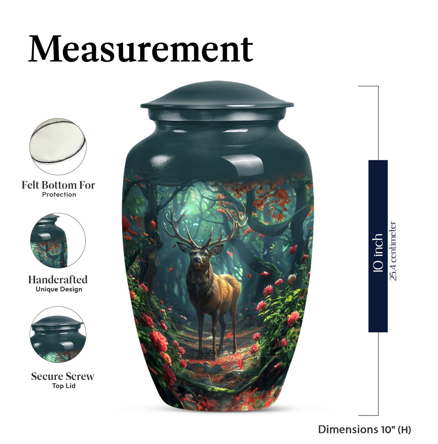 Classic 10-inch deer cremation urn with Gramophone theme, personal engraving option
