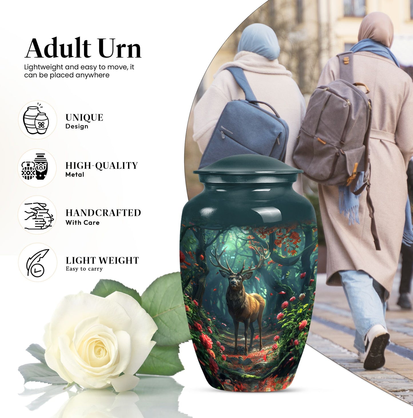 Classic 10-inch deer cremation urn with Gramophone theme, personal engraving option