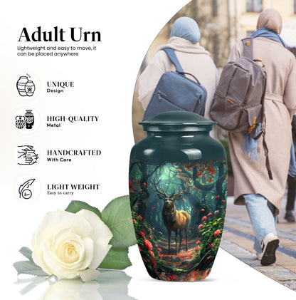 Classic 10-inch deer cremation urn with Gramophone theme, personal engraving option