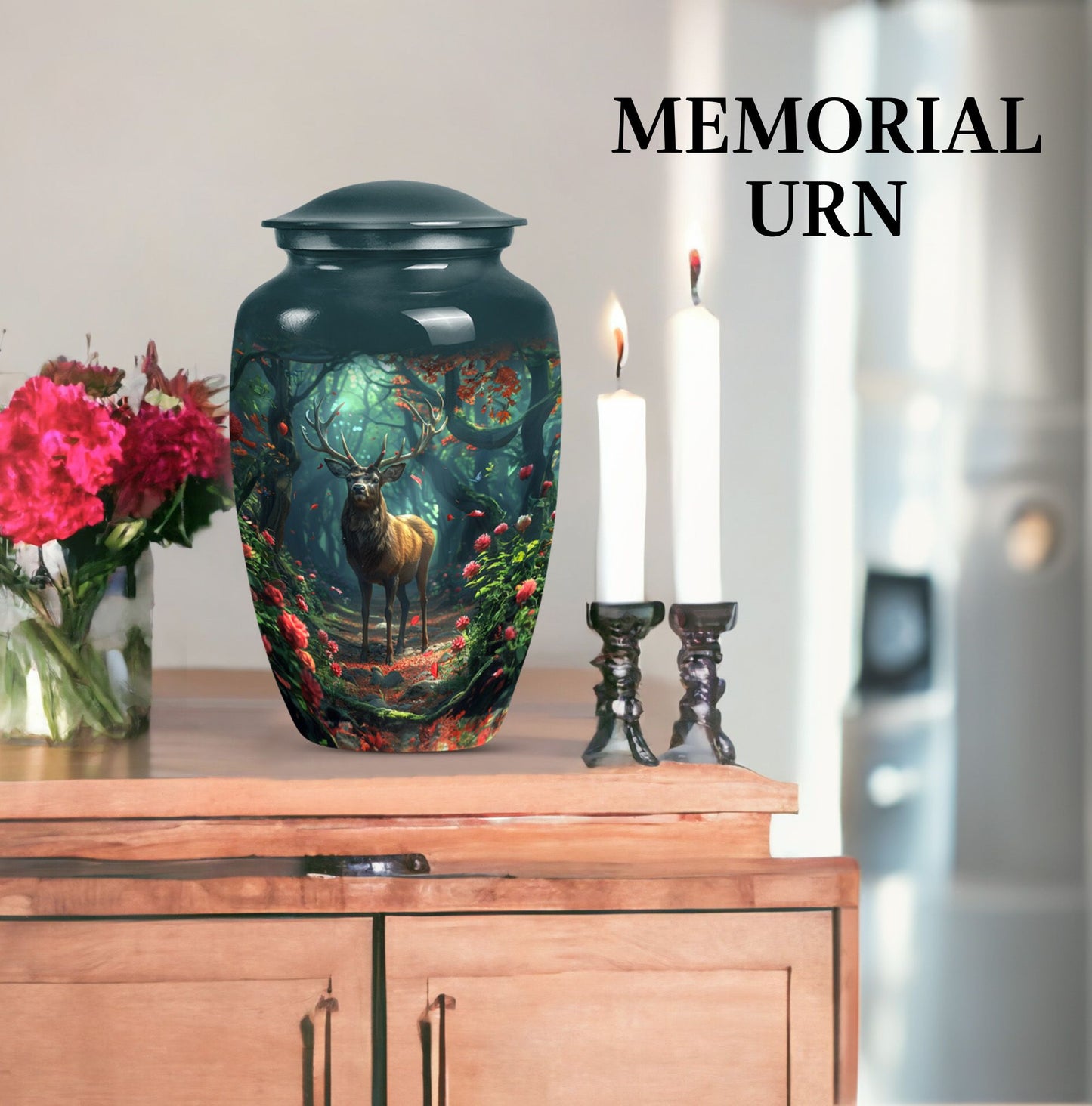 Classic 10-inch deer cremation urn with Gramophone theme, personal engraving option
