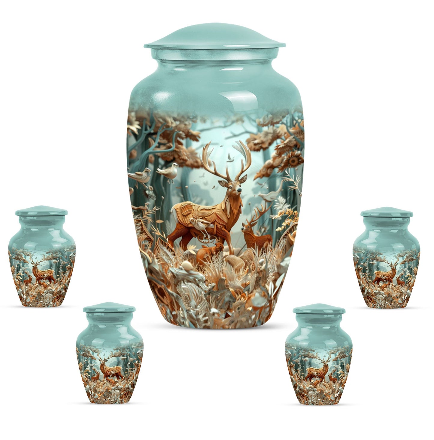 Deer Family Theme Large Urn With 4 Keepsake Urn